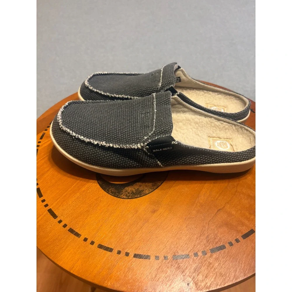 Walk Hero Gecko Man Mens 10 Grey Canvas Faux Fur Lined Slip On Mules Loafers